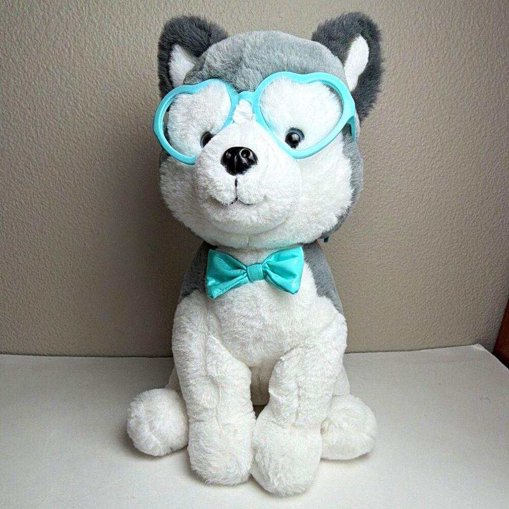 FAO Schwarz Husky Plush Stuffed Animal w/ Glasses & Bow Tie Small 12”